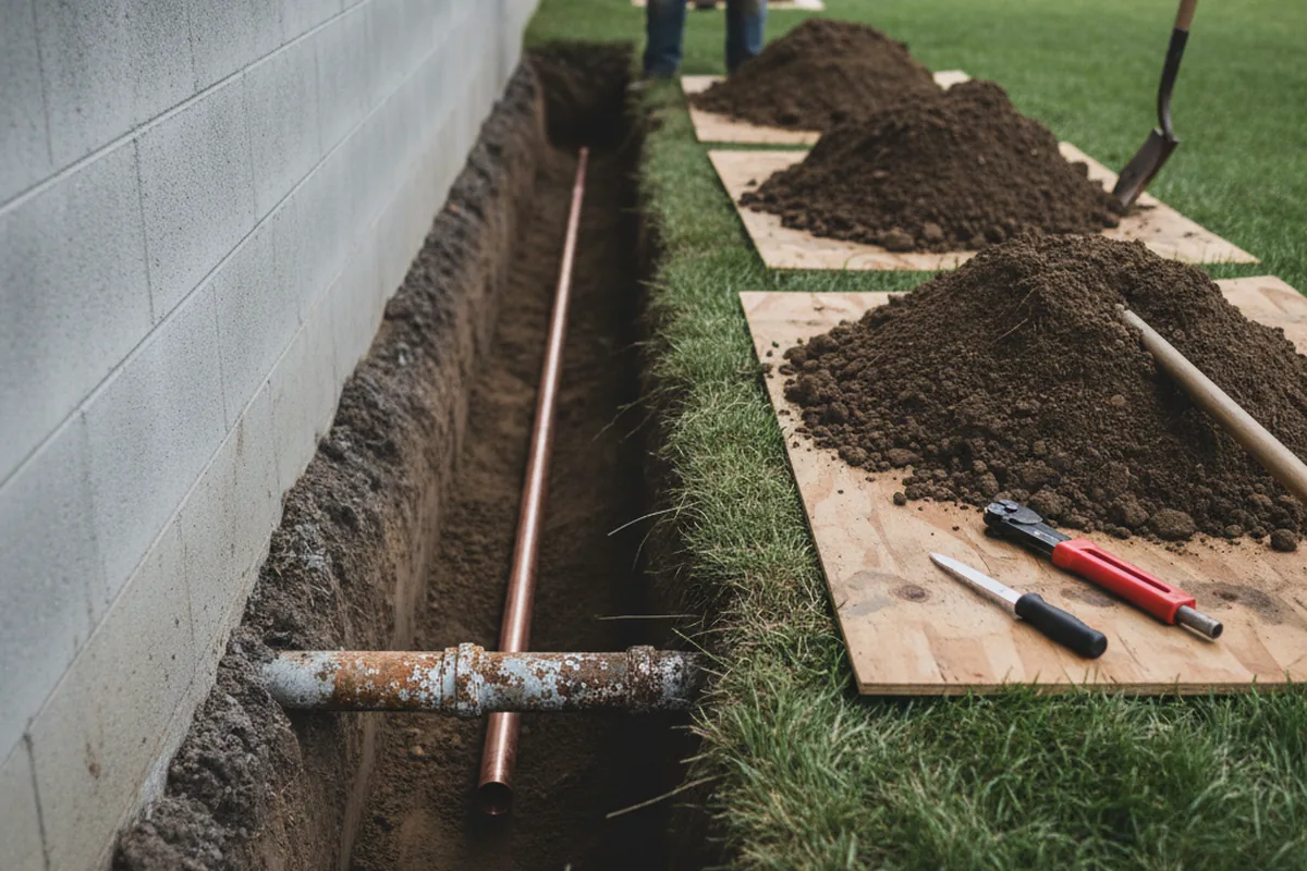 Excavated water line trench during Sewer Line Repair in Villa Park